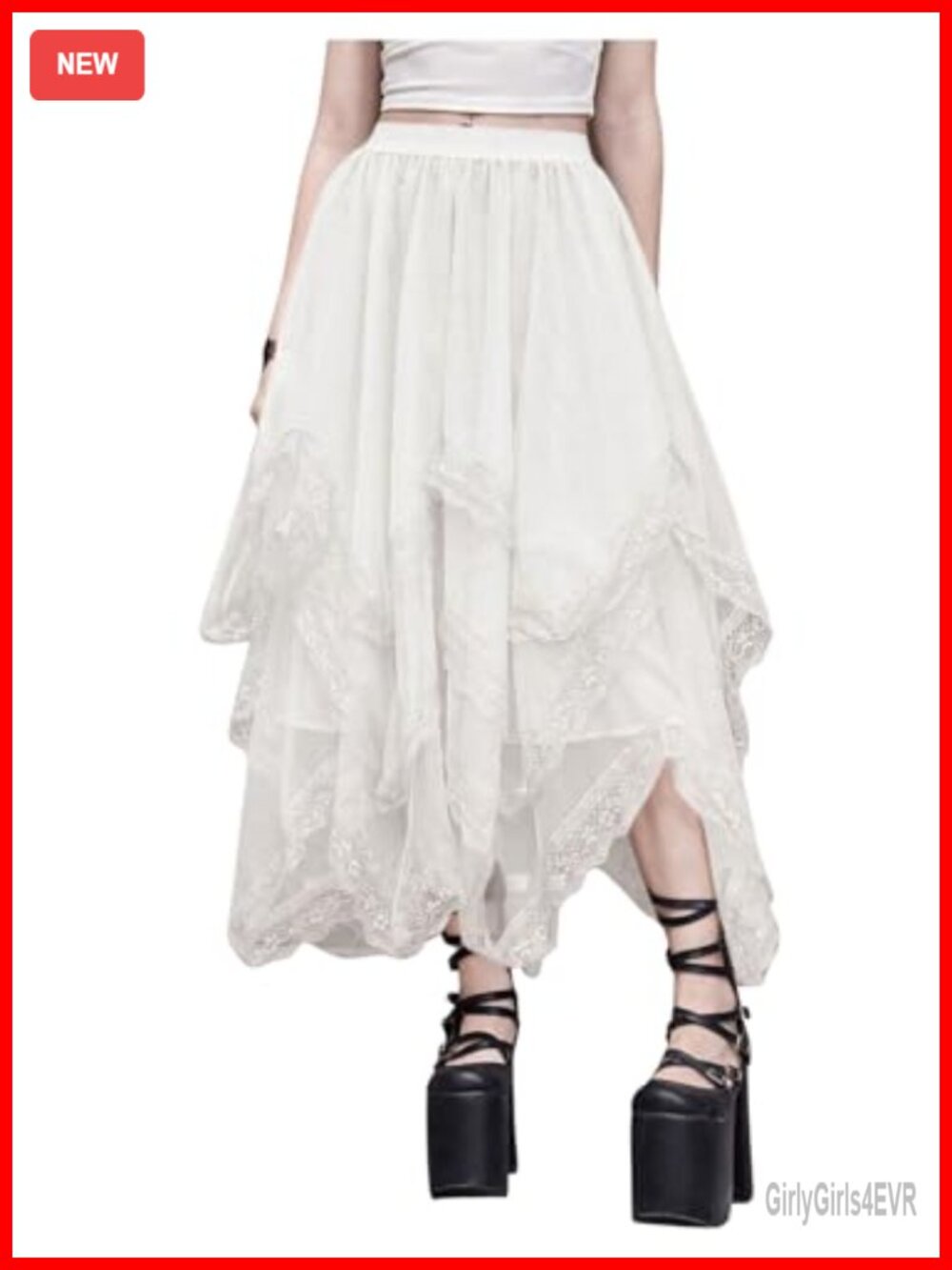 Mesh Tulle Skirt Asymmetrical Hem High Waist Goth Layered Lace Trim Long
